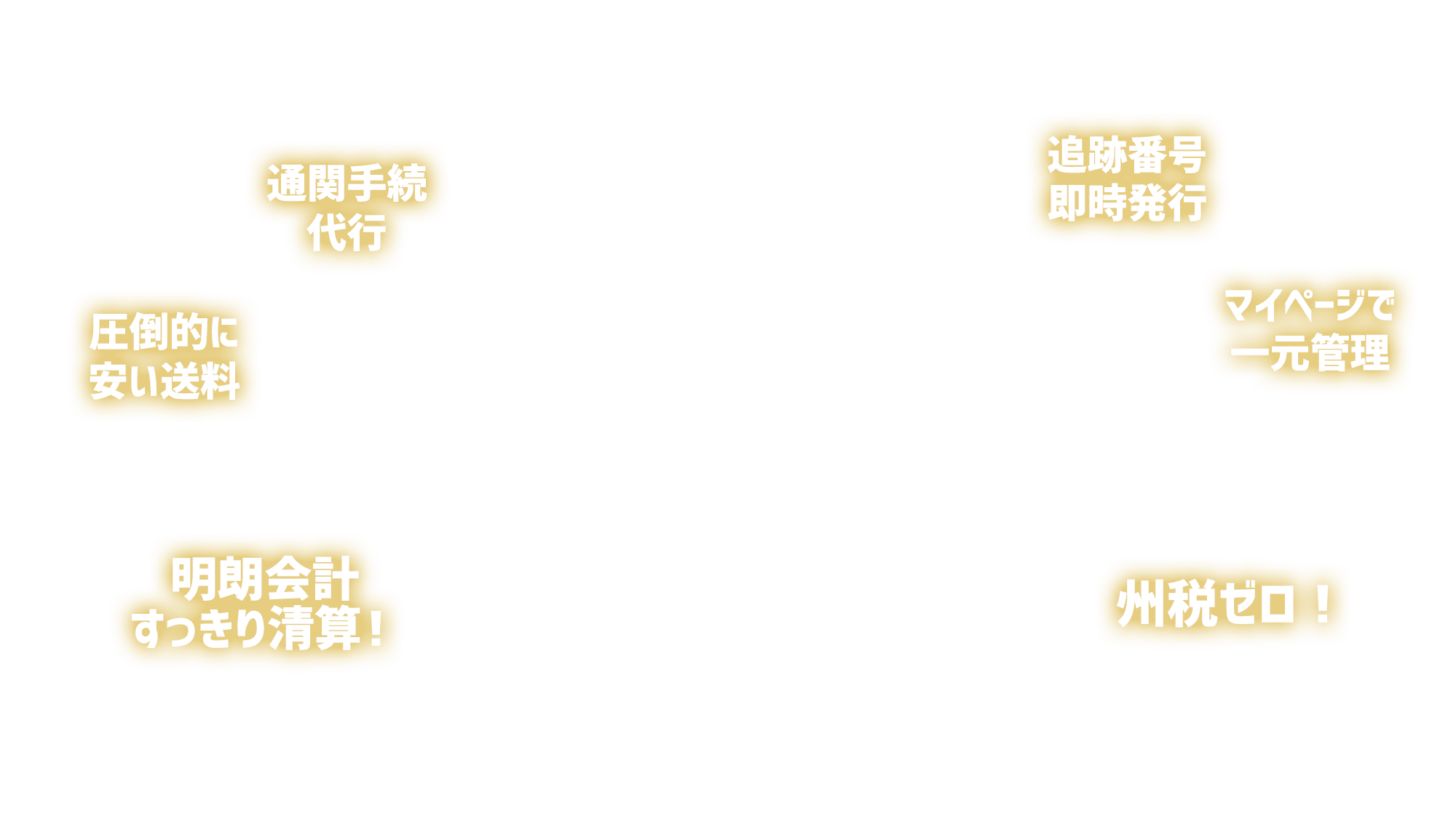 通関手続 代行、圧倒的に安い送料、明朗会計すっきり精算!、お荷物追跡番号即時発行、マイページで一元管理、州税ゼロ!